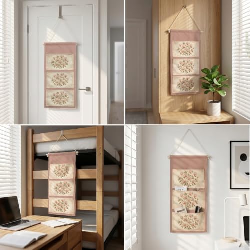 IAXIC Vintage Pink Magnolia Canvas Wall Hanging Organizer with Pockets - Image 5
