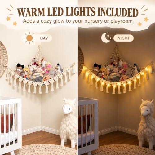 Abby Baby Extra Large Stuffed Animal Hammock with LED Lights 100% Natural Cotton Macrame Toy Storage Net for Plushies & Squishmallows Boho Macrame Corner Organizer for Kids’ Room or Nursery (Beige) - Image 5