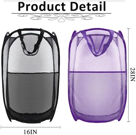 Collapsible Pop Up Laundry Hamper, Extra Large Mesh Foldable Laundry Basket Bag, 28" x 16" x 16", 2 Pack (Black + Purple) - Image 3