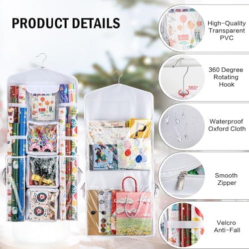 Christmas Wrapping Paper Organizer Storage, Hanging Gift Bag Storage Organizer, Double-Sided Wrapping Paper Holder Storage - White - Image 2