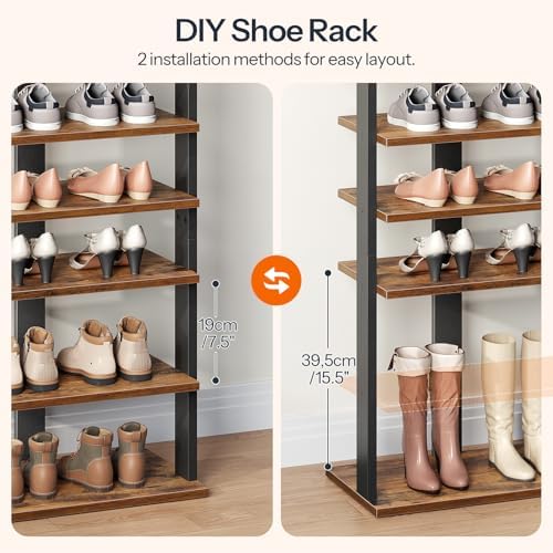 HOOBRO 10 Tiers Vertical Shoe Rack, Wooden Shoe Storage Organizer with Hooks, Narrow Shoe Tower for 20 Pairs, Space Saving, for Entryway, Living Room, Bedroom, Rustic Brown FG140XJ01 - Image 2