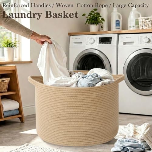 65L Large Blanket Basket,Woven Rope Laundry Basket-Camel - Image 5