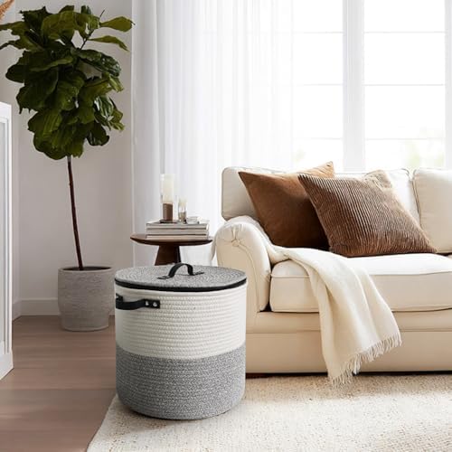 Storage Basket with Lid, 15"x13" Round Woven Blanket Storage for Living Room, Soft Cotton Rope Bin with Zipper Top, Shoe Basket with Lid for Entryway, Floor Kids Dog Toy Bin Box with Cover - Image 6