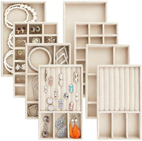 Jewelry Trays,Velvet Stackable Organizer Trays,Drawer Inserts Jewelry Display Case For Rings Stud Necklaces Earring Organizer Tray for Women Girls-8 Pack (Beige) by Unknown