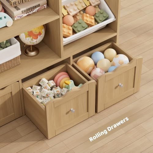 HITHOS 55"W Kids Toy Storage Organizer with 10 Toy Box & Bookshelf, Natural - Image 5