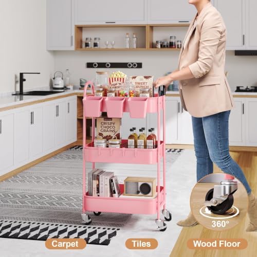 3 Tier Metal Rolling Cart with Lockable Wheels, Three Tiered Storage Carts - Image 3