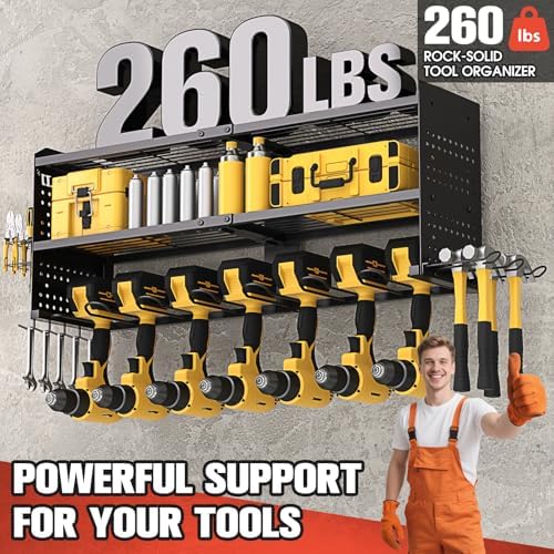 Veitorld Large Power Tool Organizer with Charging Station, 3 Layer Heavy Duty Modular Wall Mount Rack with 9 Drill Holders for Garage Workshop, Battery Utility Rack with 8-Outlet Power Strip - Image 5