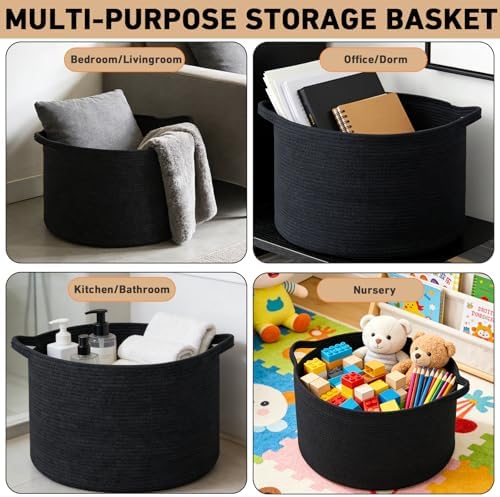 65L Large Blanket Basket,Woven Rope Laundry Basket-Black - Image 6