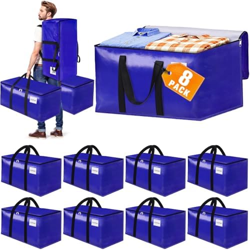 FabSpace 8-Pack Moving Bags with Backpack Straps & Carry Handles, 25 Gallons-93 L Heavy Duty Storage Totes for Space Saving, Foldable Storage Bags for College Dorm, Travel, Camping (Blue) by Fabspace