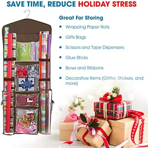 ProPik Hanging Double Sided Wrapping Paper Storage Organizer with Multiple Pockets, Organize your Gift Wrap, Gift Bags, Bows, Ribbons 40"X17" Fits 40 Inch Rolls Clear PVC Bag (Brown) - Image 6