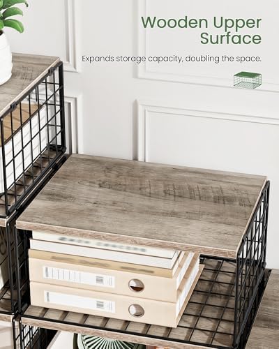 CHOEZON 3-Tier Closet Organizers and Storage, Stackable Storage Bin Baskets with Wooden Upper Surface, Closet Shelves Clothes Storage Cubes for Wardrobe and Closet Organization, Greige and Black - Image 6