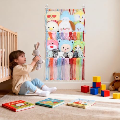2 Tier Stuffed Animal Storage Net, Large Boho Plushies Stuffy Net,Rainbow - Image 2