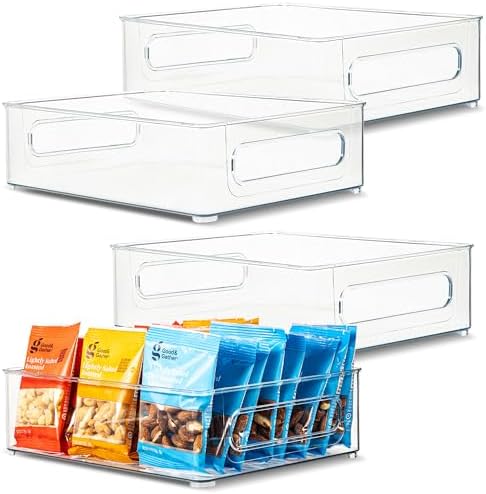 Plastic Food Storage 4 Pack Clear Container Bin with Handles for Organizing Kitchen, Pantry, Refrigerator, Freezer, Pantry, Cabinet, Closet, Bathroom. Stackable 10”x8”x3” by primebox