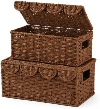 Set of 2 Scalloped Baskets, Paper Rope Wicker Baskets with Lids, Coffee by WEAVECOMFORTINTOEVERYCORNER
