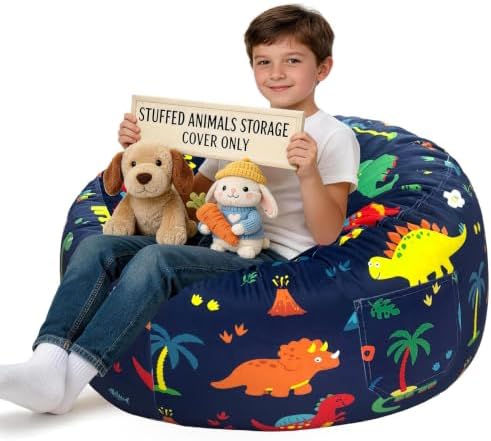 Lukeight Dinosaur Stuffed Animal Storage Bean Bag Chair Cover for Kids (No Filler), Velvet Plush Toy Organizer Seat, Long YKK Zipper, Side Pocket, X-Large 30"D x 18"H by Lukeight