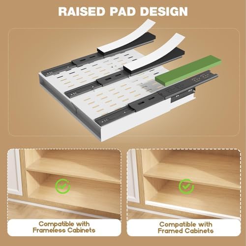 Seinloes Pull Out Cabinet Organizer, 4-Side Expandable to Fit Most Cabinets, 3 Rail Slide Out Drawers with Raising Pad for Framed & Frameless Cabinets, 11"-16" W x 13"-17" D, White, 2 Pack - Image 4