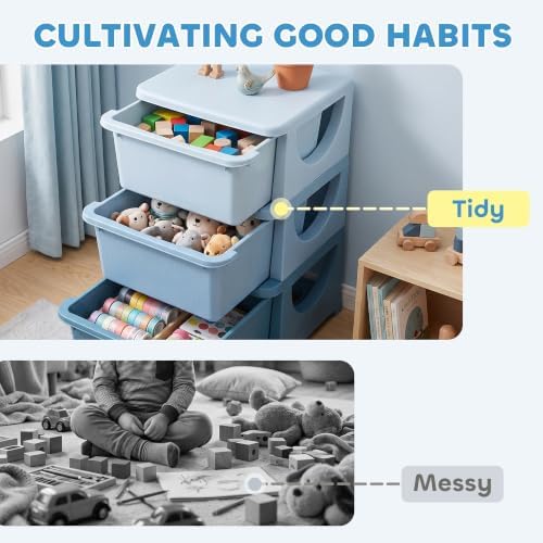 Qaba 3 Drawers Kids Storage Unit 3 Tier Toy Organizers Blue - Image 5