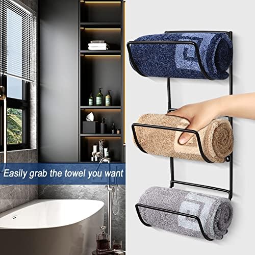 NearMoon Towel Rack Wall Mounted- All Metal Bathroom 2 Towel Rack Holders+ Hand Towel Storage Basket, Rustproof 3 Level Wine Rack Organizer for Hand Towels, Washcloths, 2+1 Pack (Matte Black) - Image 3