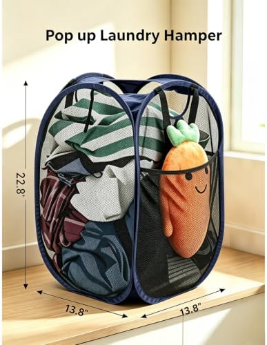 HOUSE AGAIN Strong Mesh Pop Up Laundry Hamper, 70L Collapsible Laundry Basket with Steel Frame, Double‑Stitched Handles & Side Pocket, Foldable Dirty Clothes Hamper for Dorm, Bedroom, Blue - Image 2