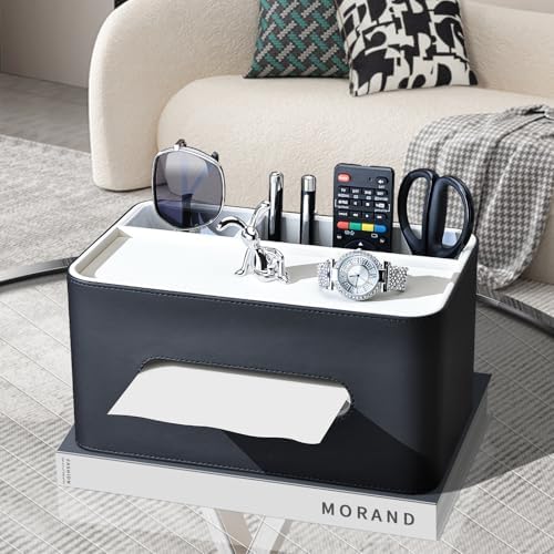 PU Leather Tissue Box Cover Rectangular with Storage Organizer Tray, Multifunctional Remote Control Holder, Desk Organizer for Living Room, Bedroom, Office, Decorative Tissue Holder Black - Image 3