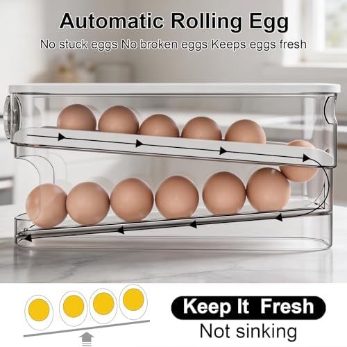 Auto Rolling Egg Holder for Fridge, Egg Dispenser/Organizer/Storage/Container with Lid & Date Timer for Refrigerator, Sturdy and Durable Space-Saving Egg Tray for 12 Large Eggs - Image 2