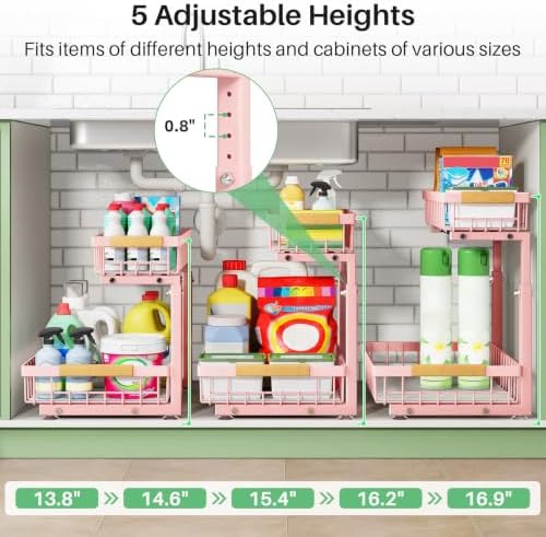 Kitstorack Under Sink Organizer, 2 Tier Under the Sink Storage, Slide out Pull out Cabinet Organizer Shelf, Metal Sliding Drawer for Kitchen Bathroom Pantry Closet Organization Rack, Pink, 1 Pack - Image 4