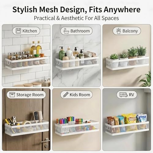 PUSDON 16.5-Inch Extra Long Slim Mesh Shower Caddy, Wall Mounted Bathroom Organizer with Adhesive, Heavy Duty Rustproof Shelf for Narrow Kitchen Pantry & RV, Holds 50 LBS 2-Pack - White Netting - Image 4