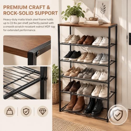 HOMEFORT 6 Tiers Shoe Rack Organizer,23" Shoe Storage Shelf for Closet, Shoe Rack for Entryway, Each Tier Fits 3 Pairs, Shoe Stand with Metal Shelves and MDF Top Board, Walnut - Image 6