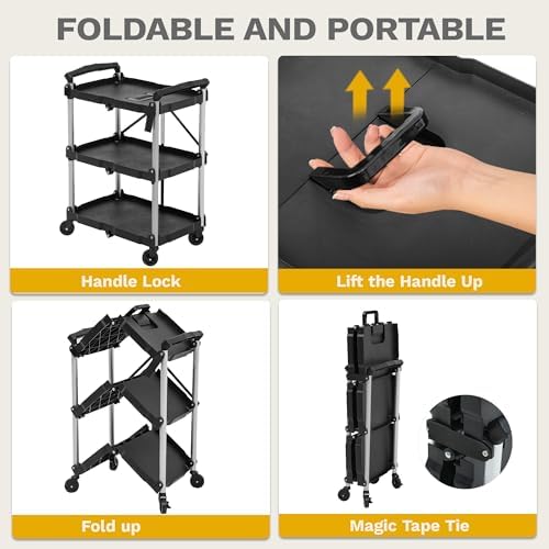 DWVO 3-Tier Foldable Service Cart with Swivel Wheels & Brake, 240LBS - Image 2