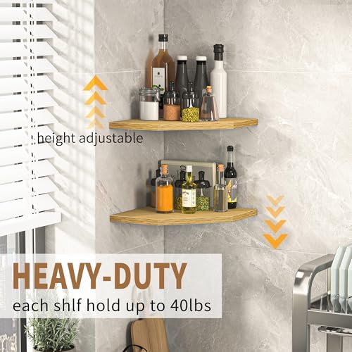 Fun Memories Corner Shelf Wall Mount, Corner Floating Shelves, Set of 4 Corner Wall Shelf Organizer, Rustic Wood Wall Storage Display Shelves for Living Room Bedroom Bathroom Kitchen, Oak - Image 4