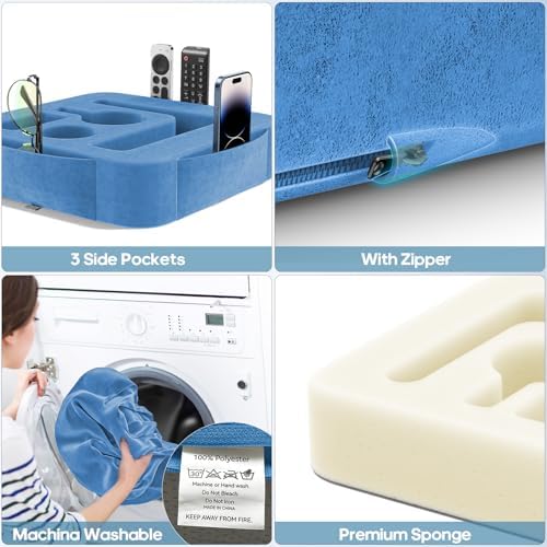 Couch Cup Holder Pillow, Sofa and Bed Caddy for iPad, Kindle, Switch, Game Controller, Remotes, Phones, Small-Sized Cup and Drink Holder for Couch, Bed, Desk, Car, Beach, Bathroom Cup Holder, Blue - Image 6