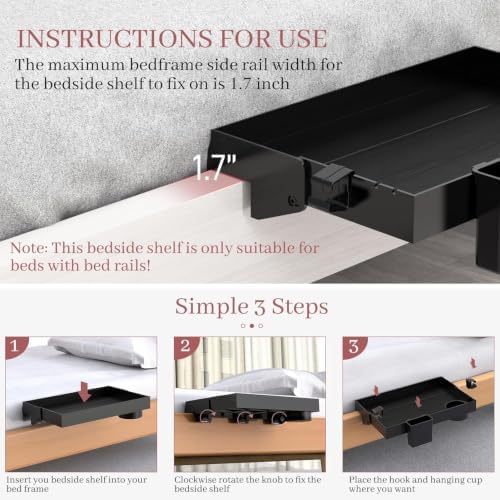 COLMO Folding Bedside Shelf with Cupholder, Clip-On Bedside Table, Black - Image 2