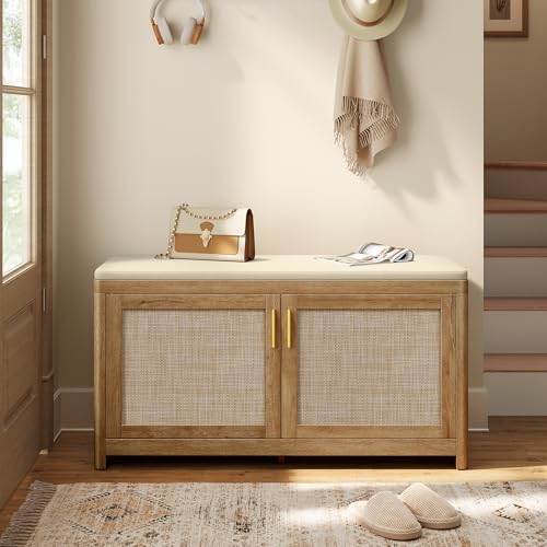 VASAGLE Boho Shoe Bench with Cushion, 2 Rattan-Look Cabinet Doors by VASAGLEbySONGMICSHOME