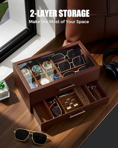 ProCase Watch Case, Mens Jewelry Box for 6 Watch & 5 Sunglasses -Brown - Image 5