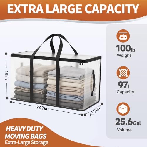 CONGREGATE Extra Large Heavy Duty Moving Bags 8‑Pack Semi‑Transparent, Storage Bags with Zipper & Handles, Waterproof Tote Bags for Clothes Packing Moving Dorm Home Closet Quilt Clothing Storage - Image 3