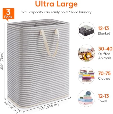Lifewit 125L Large Laundry Baskets, Laundry Hampers Bags, 3 Pack, Grey - Image 4