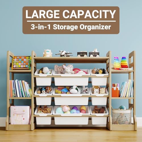 Toy Storage Organizer with 6 Bookshelf and 9 Bins, Solid Wood - Image 4