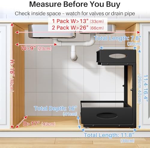 Under Sink Organizer, 2 Pack 2 Tier Pull Out Under Cabinet Organizer Shelf with Pad for Framed Cabinets, Metal Slide Out Under Sink Storage, Mesh Sliding Drawers for Kitchen Bathroom Laundry, Black - Image 2