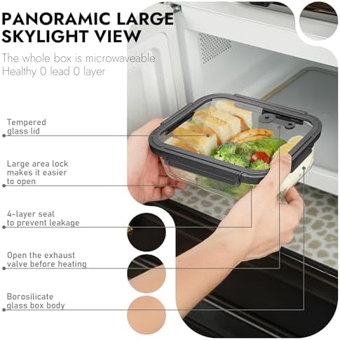 10-Pack Glass Food Storage Containers with Tempered Glass Lids – Borosilicate, Airtight, Oven-Safe (-4°F~950°F), BPA-Free, 4.4 & 1.6 Cup, Leak-Proof, Dishwasher Safe (Gray) - Image 5
