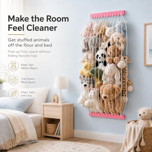 Stuffed Animal Storage Wooden Soft Toy Storage for Kids Room，Wall Mount Door Hanging Stuffed Animal Toy Organizer Shelf for Nursery Play Room Pink -Patent - Image 6
