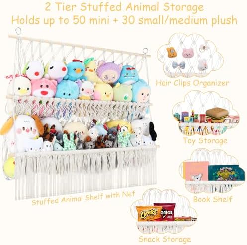 2 Tier Stuffed Animal Storage Shelf Net, 35x30'' Large Plushie Net Beige - Image 6