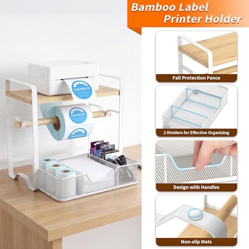 Label Holder for Thermal Printer - Sticker Roll Dispenser - Shipping Lable Holder for Rolls and FanFold Labels - Thermal Printer Stand for Home, Office, Small Business (Bamboo-White) - Image 4