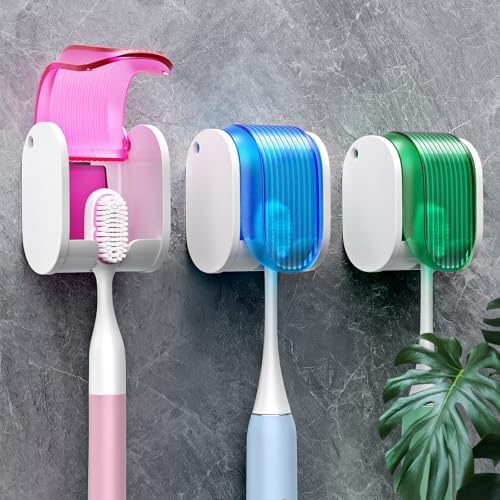 Toothbrush Holders for Bathrooms【Upgrade Single Slot Design】 Toothbrush Holder Wall Mounted with Cover Moisture-Proof and Dust-Proof Toothbrush Storage Organizer for Shower Family and Travel 3PCS by EKOTTOK