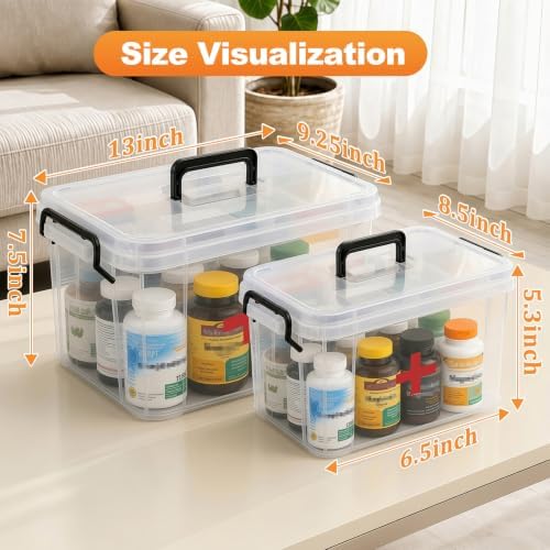 2 Pack Clear Medicine Organizer Box with Handle, Plastic Medicine Container with Tray Empty First Aid Box Empty, Thickened Medicine Storage Organizer Multipurpose Medication Organizer Storage, Clear - Image 3