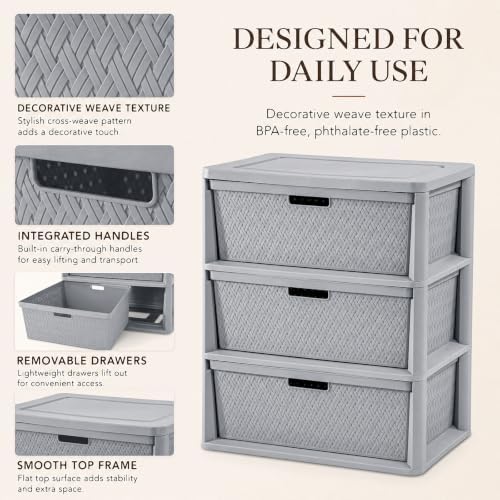 Wide 3-Drawer Plastic Storage Tower, Decorative Organizer Chest, Gray - Image 6