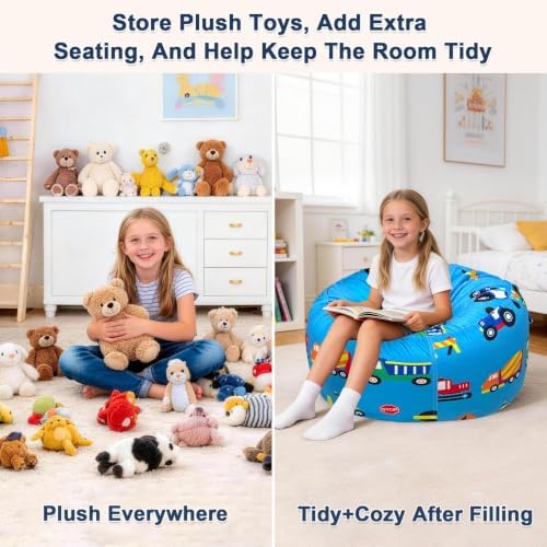 Lukeight Construction Animal Storage Bean Bag Chair Cover for Kids, Velvet Plush Toy Organizer Seat, Cover Only, No Filling Included, Long YKK Zipper, Side Pocket, Large 27"D x 16"H - Image 3