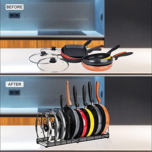Toplife Pots and Pans Organizer Rack for Cabinet and Countertop, 10+ Pot Lids, Bakeware and Cookware Holder with 10 Adjustable Compartments - Black - Image 3