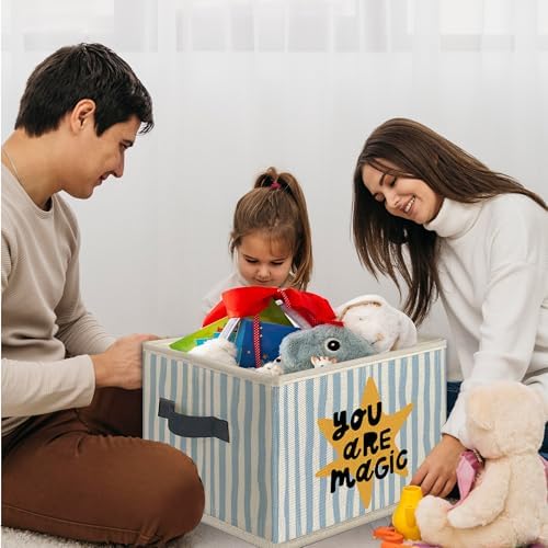 Boho Nursery Foldable Storage Bins Box with Handles, You Are Magic Retro Blue Striped Collapsible Toys Books Clothes Organizer Basket for Kids Nursery Room Bedroom Bathroom Classroom - Image 4