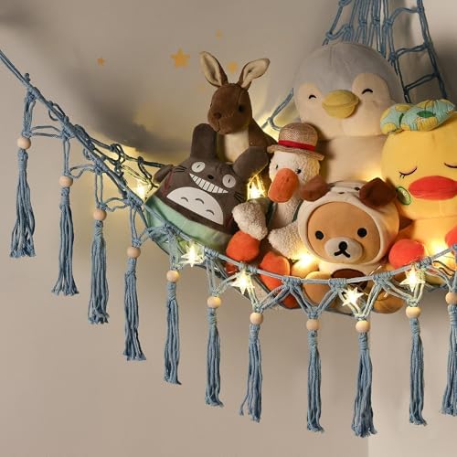 Stuffed Animal Toy Storage Hammock with LED Light-Macrame Jumbo Doll Room Organizer Mesh Decoration-Hanging Storage Nets Kids Bedroom(Blue Beads) - Image 2