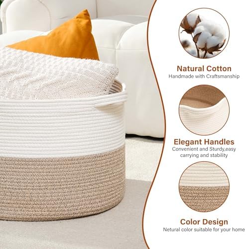 Foldable Laundry Hamper Basket with Collapsible Handle Cotton Rope Soft Woven Fabric Storage Organizer Clothes Toys Nursery Bedroom Dorm Space Saving Bin (White & Brown, 65L(19.7"D x 12.6"H)) - Image 5